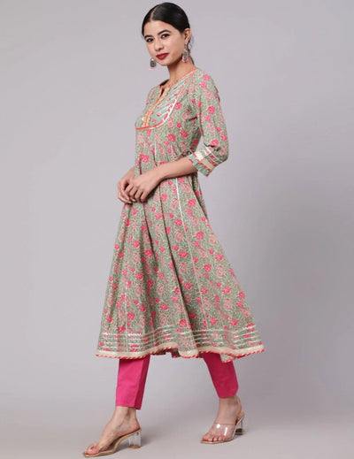 Pastel Green & Pink Floral Printed Anarkali With Lace Work plus sizes indian kurtis singapore