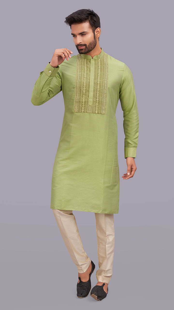 Green Spun Silk Kurta Resham Embroidered Yoke Set