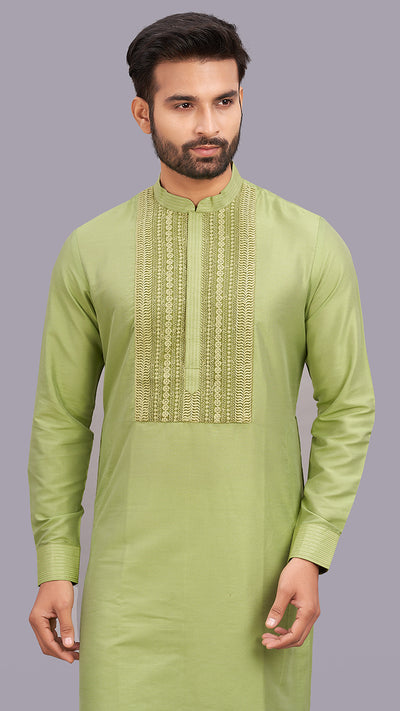 Green Spun Silk Kurta Resham Embroidered Yoke Set