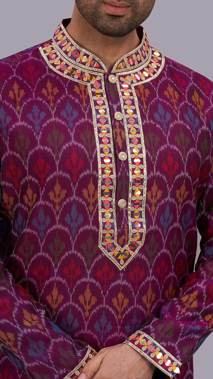 indian Multicolor Ikat Kurta With Gota Embroidery Set